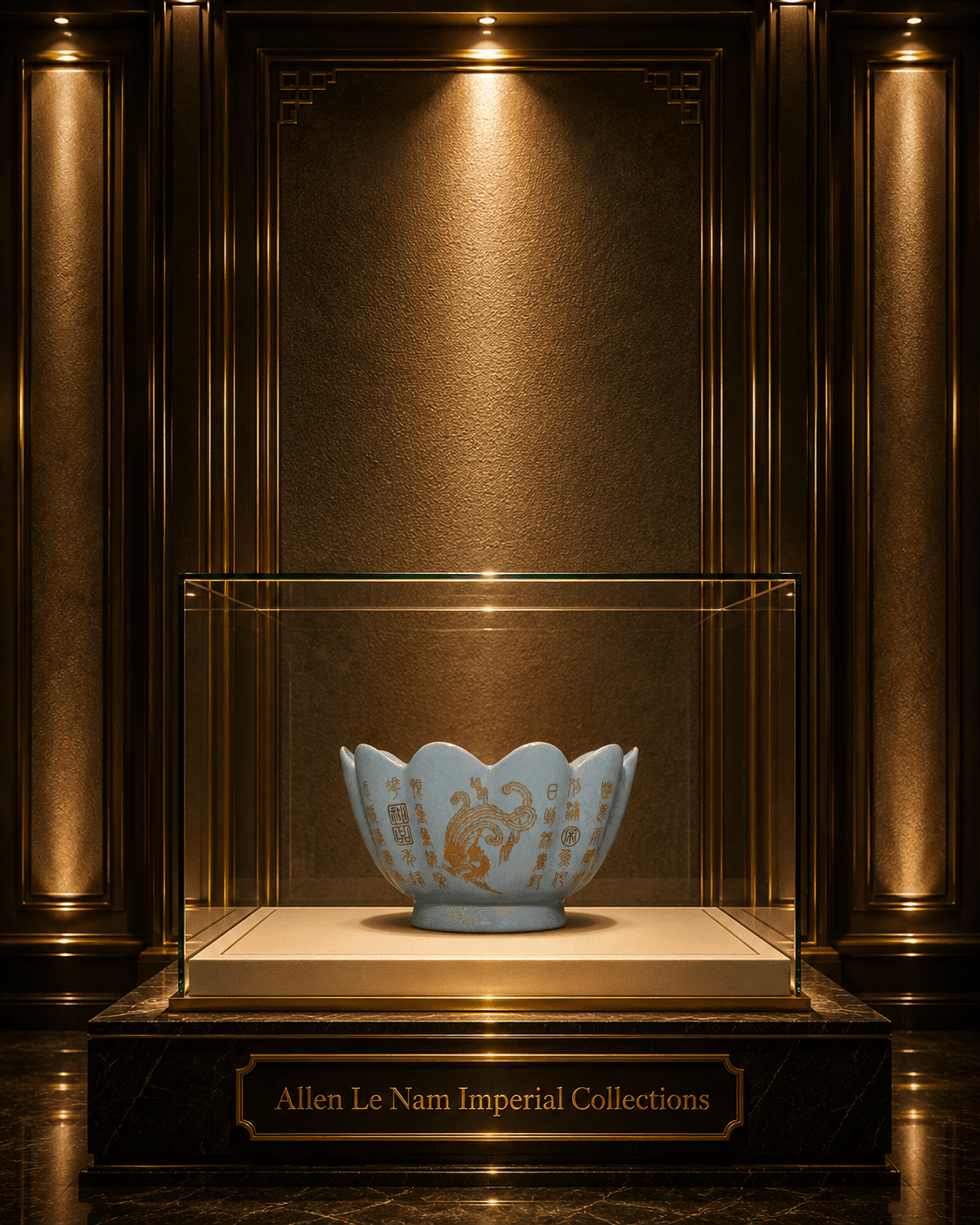 Imperial Ru Ware Dish with Gilt Dragon and Lotus Motifs